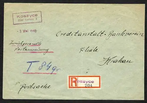 GG: Einschreiben Postagentur Koszyce als Postsache: Nicht anerkannt: Nachgebühr