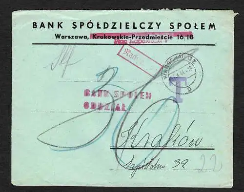GG: Bank Warschau 1944 nach Krakau, unfrankiert: Nachgebühr