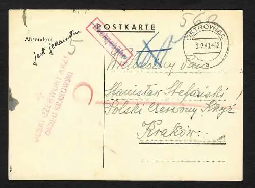 GG: Postkarte Ostrowiec 1940 nach Krakau, Nachgebühr