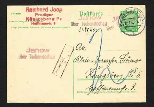 GG: Postkarte Janow/Tschenstochau nach Königsberg. Nachgebühr