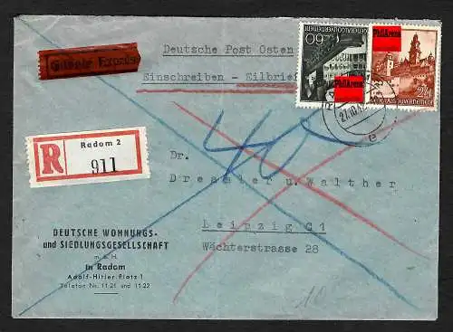 GG: Einschreiben Eilbote von Radom nach Leipzig, Nachporto 1942