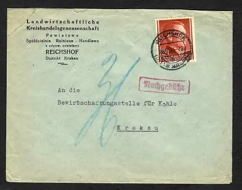 GG: Brief aus Reichshof nach Krakau. Gewicht geprüft, Nachbebühr erhoben
