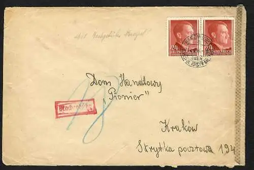 GG: Brief aus Kaczanowka / Galizien 1944 nach Krakau, Nachgebühr