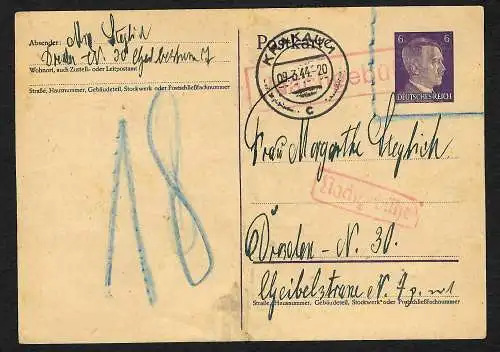GG: DR Ganzsache 1944 von Krakau nach Dresden, Nachgebühr