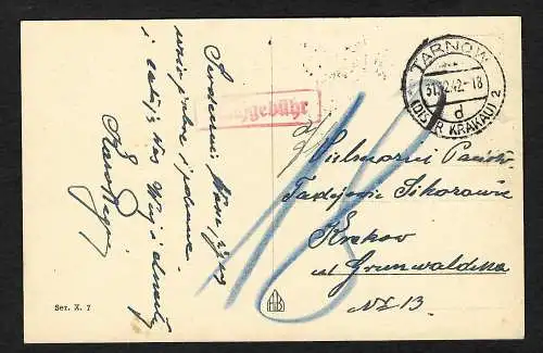 GG: Weihnachtskarte ohne Frankatur von Tarnow nach Krakau 1942, Nachgebühr
