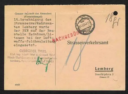GG: Postkarte Lemberg 1943, Nachgebühr - PKW Information
