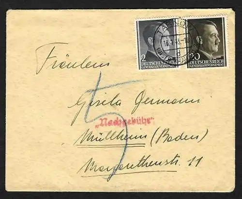 GG: Brief von Tarnow -Deutscher Kindergarten - 1943 nach Müllheim, Nachgebühr