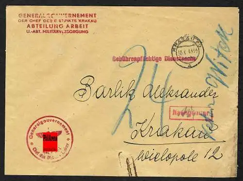GG: Brief Abteilung Arbeit Krakau, unfrankiert, Gebührenpflichtige Dienstsache