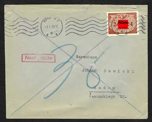 GG: Brief Bewirtschauftsstelle Spinnstoffe Krakau nach Radom, Nachgebühr