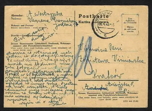 GG: Postkarte aus Warschau nach Krakau, ohne Briefmarke, Nachgebühr 1943