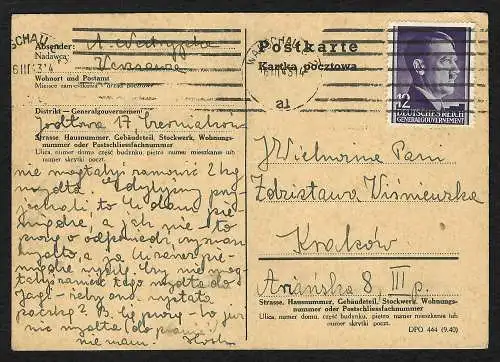 GG: Postkarte aus Warschau nach Krakau, 1943