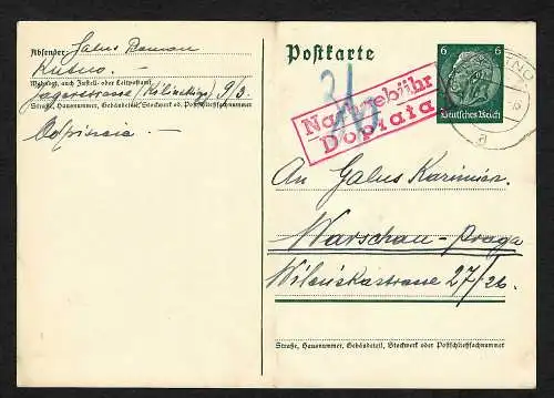 GG: DR Ganzsache von Kutno nach Warschau, März 1940, Nachgebühr