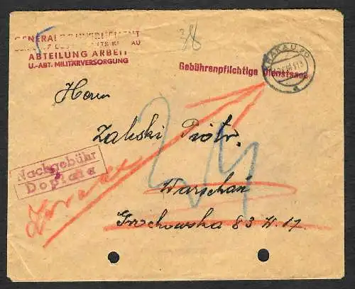 GG: Brief Abteilung Arbeit Krakau, unfrankiert, Gebührenpflichtige Dienstsache 