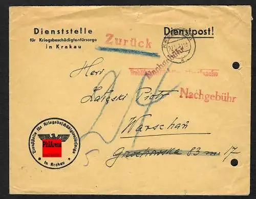 GG: Brief Kriegsbeschädigte Krakau, unfrankiert, Gebührenpflichtige Dienstsache 
