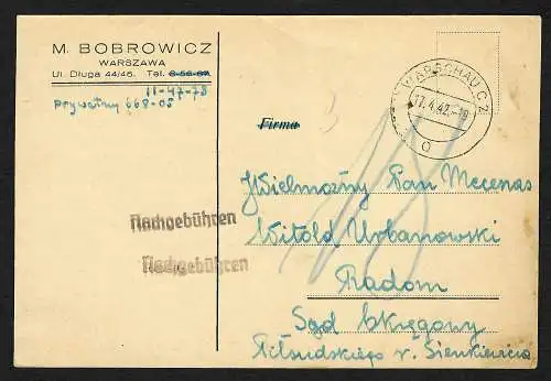 GG: Postkarte aus Warschau nach Radom, ohne Briefmarke, Nachgebühr 1942