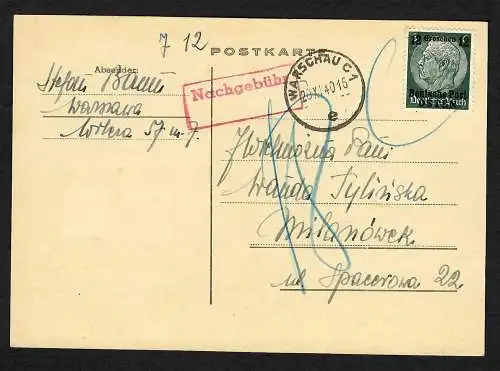 GG: Postkarte aus Warschau nach Milanowek, Frankatur ungültig, Nachgebühr