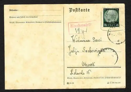 GG: Postkarte aus Warschau nach Otwock, Frankatur ungültig, Nachgebühr