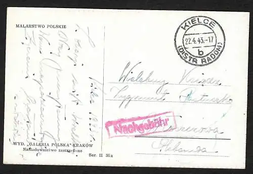 GG: Trachten -Postkarte aus Kielce nach Warschau, ohne Marken, Nachgebühr 1943