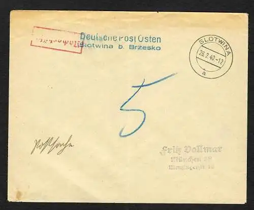 GG: 26.02.1940 von Slotwina nach München, Nachgebühr