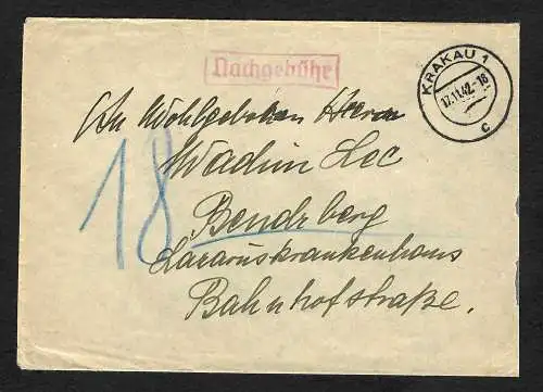 GG: Brief von Krakau nach Bendsberg 1942, ohne Marken, Nachgebühr
