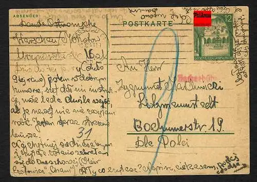 GG: Postkarte Warschau-Litzmannstadt 1941, seltene Nachgebühr