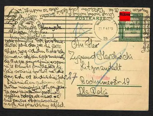 GG: Postkarte Warschau-Litzmannstadt 1941, seltene Nachgebühr - als Brief
