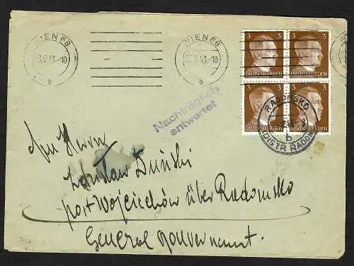 GG: Brief aus Wien 1943 nach Radomsko, Nachträglich entwertet