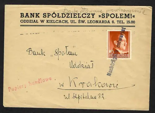 GG: Handelspapiere aus Kielce nach Krakau , Nachträglich entwertet, portogerecht