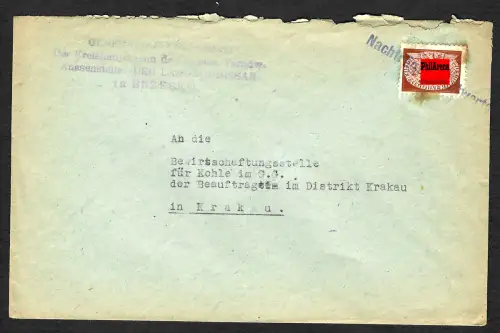 GG: Dienstbrief Brzesko nach Krakau , Nachträglich entwertet, portogerecht