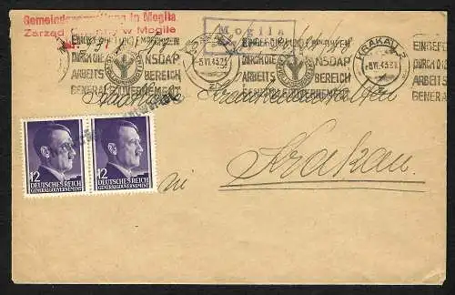 GG: Brief von Krakau, Postagentur Mogila, Nachträglich entwertet 1943