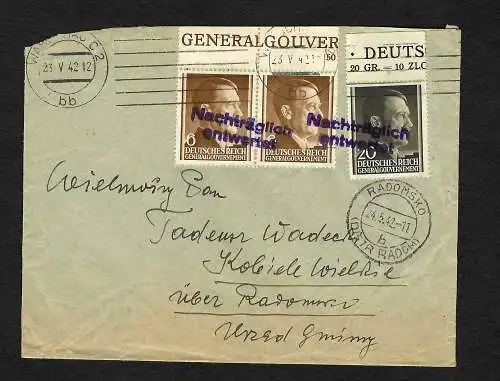 GG: Brief von Warschau nach Radomsko, Nachträglich entwertet 1942