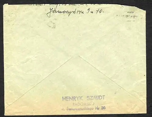 GG: Brief von Warschau nach Radomsko, Nachträglich entwertet 1942