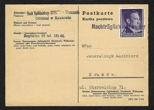 GG: Postkarte von Warschau nach Krakau, Nachträglich Entwertet 1943