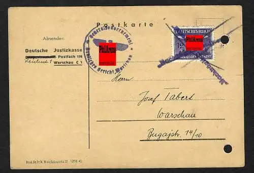 GG: Postkarte Justizkasse Warschau, Nachträglich Entwertet 1943