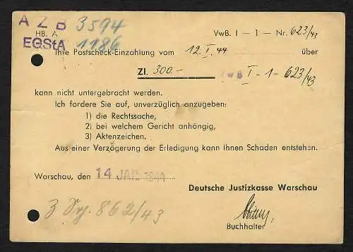 GG: Postkarte Justizkasse Warschau, Nachträglich Entwertet 1943