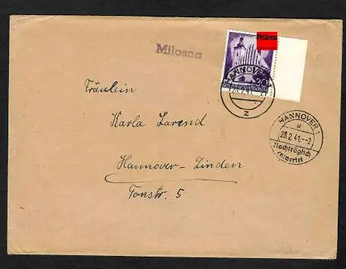 GG: Postagentur Milosna nach Hannover 1941, Nachträglich entwertet