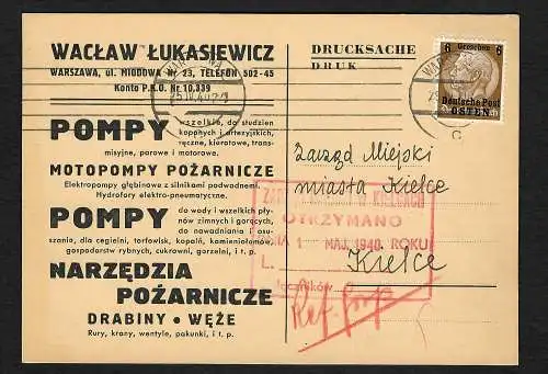 GG: Drucksache Postkarte 25.4.40 portorichtig von Warschau nach Kielce