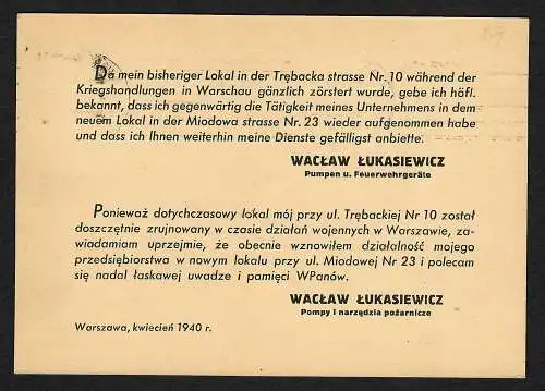 GG: Drucksache Postkarte 25.4.40 portorichtig von Warschau nach Kielce