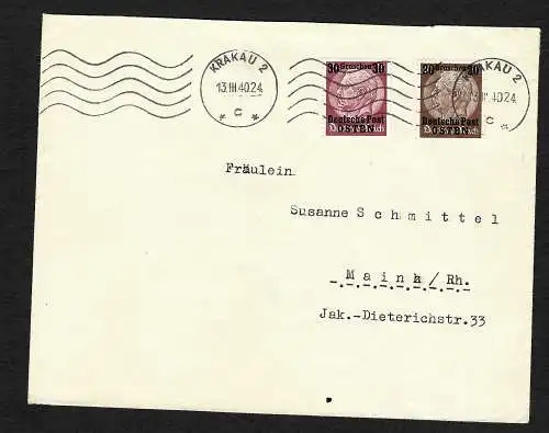 GG:Brief vom 13.4.40 mit portogerechten 50 Gr. frankiert nach Mainz