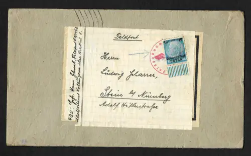 GG: Zollfreie - Feldpost - Monatssendung nach Nürnberg, MiNr. 8, EF