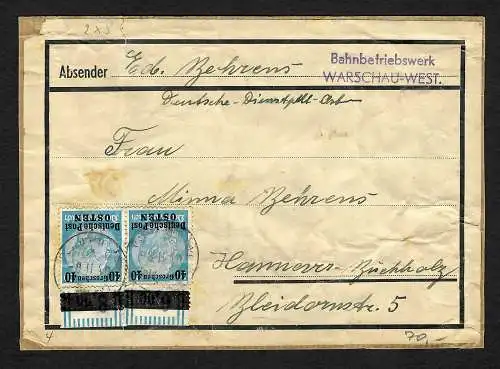 GG: Päckchen Warschau-West nach Hannover, MiNr. 8, MeF, 8.2.40