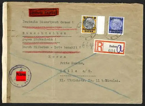 GG: Einschreiben/Eilbote-Rückschein von Radom nach Halle 13.4.40