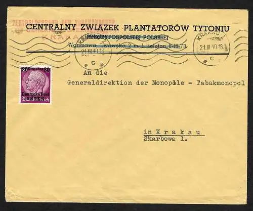 GG: Brief von Krakau 21.3.40, Portogerecht 20-40g, Tabakmonopol, MiNr. 11, EF