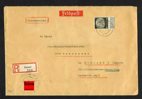 GG: Feldpost Einschreiben Zamosc an Polizei München 1940