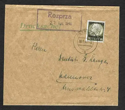 GG: Streifband-Drucksache- von Rozprza/Petrikau 1940 nach Hannover