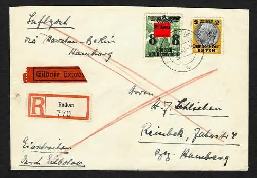 GG: Luftpost Eilboten-Einschreiben Radom nach Hamburg 1940