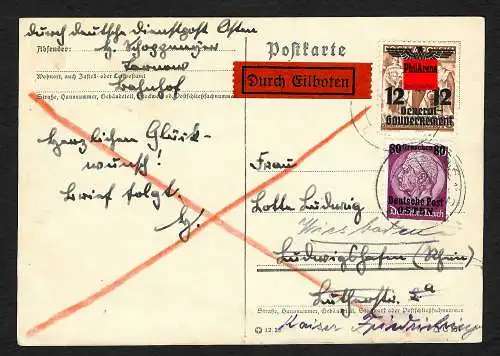 GG: Postkarte Eilboten 14.5.40 Krakau nach Ludwigshafen, portogerecht