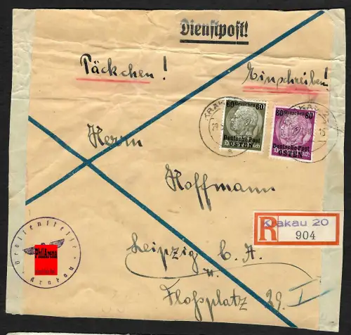 GG: Einschreiben -Päckchen Krakau 20 nach Leipzig, 1940, portogerecht