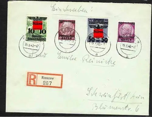 GG: Einschreiben Brief 15.3.40: portogerecht Rzeszow nach Schweinfurt