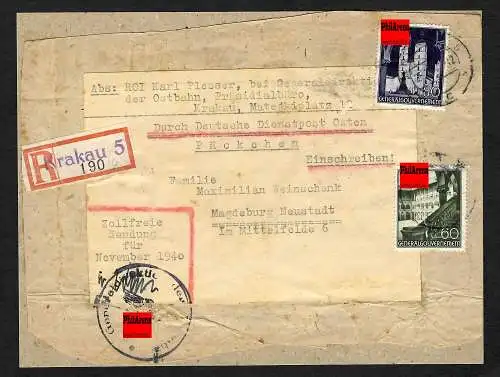 GG: Päckchen Ausschnitt Einschreiben Krakau nach Magdeburg 1941, portogerecht